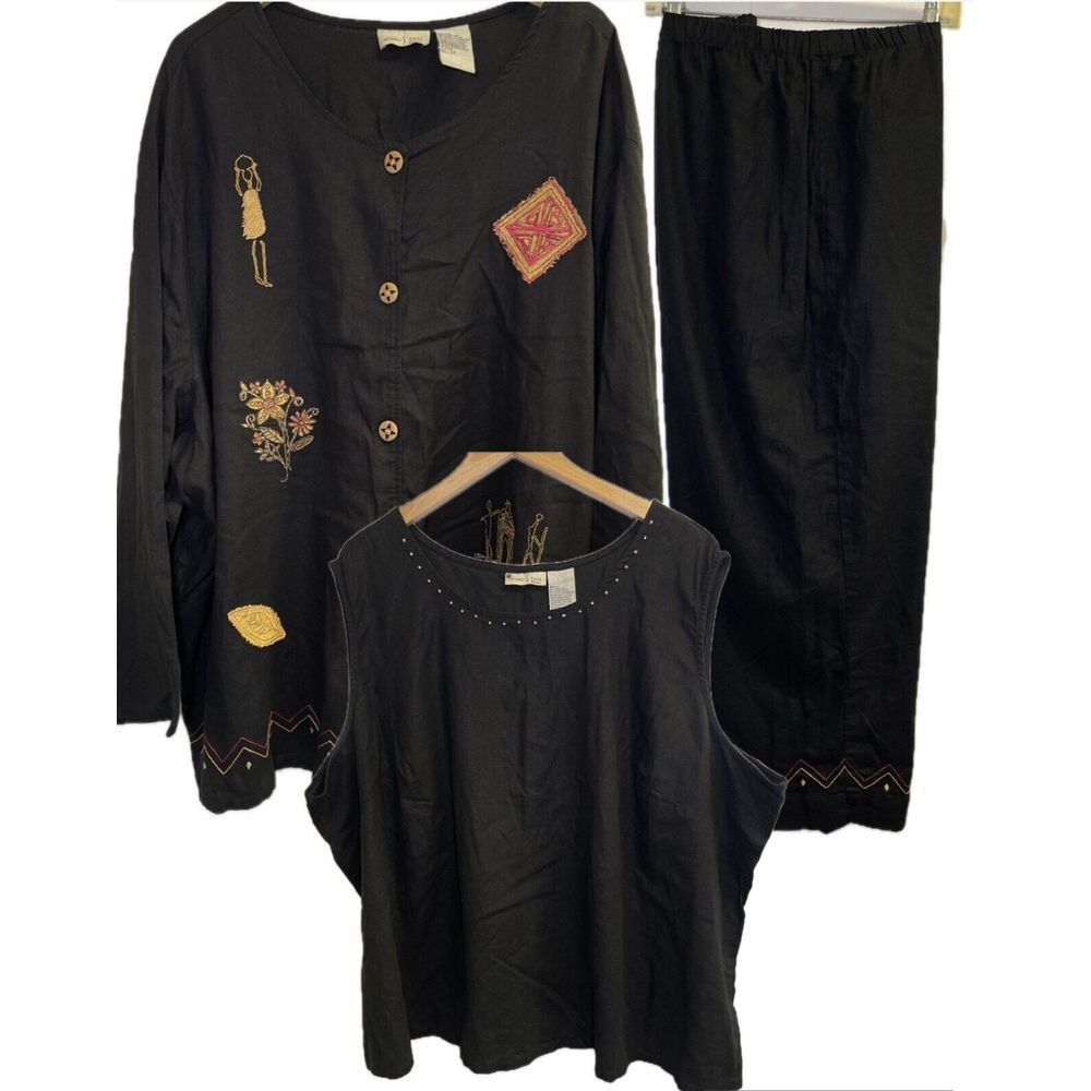 Vintage Studio Ease Woman 34W‎ Linen Blend Embroidered 3 Pc Set Pants Top Jacket